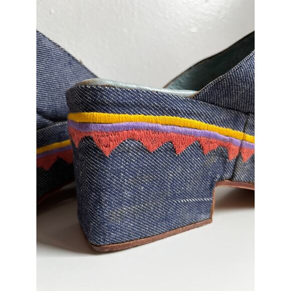 Vintage 60s Edouard Jerrold Denim Platform Mules | Embroidered Southwest | Sz 6 - Picture 4 of 10